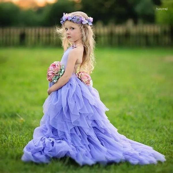 Vestidos de niña Vestido de flores con volantes lila para boda campestre Una línea Cuello halter Sin espalda Hasta el suelo Vestidos largos de primera comunión