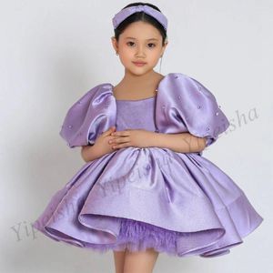 Robe de fille lilas robe de fleur en satin mignonne bébé fille fille de fête pour l'anniversaire de courtes princesse manches perles gonfy