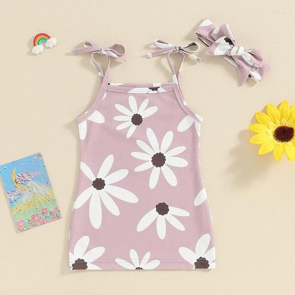 Vestidos de niña Pequeños trajes de verano de 2 piezas Cuello cuadrado Atar Correa de espagueti Vestido floral Estampado de flores Diadema Ropa para niños pequeños