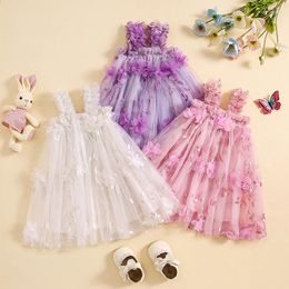 Vestidos de niña Cami Cami Tule Tulle Cuello cuadrado Cuello sin mangas 3d Flor Bordado Princesa Infantil Piedra de verano