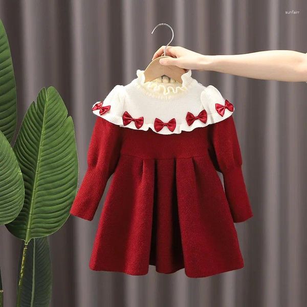 Robes de fille Petites filles Pull mignon Bowknot Vêtements de bébé tricoté à manches longues col à volants enfants automne robe d'hiver pour 1-7 ans