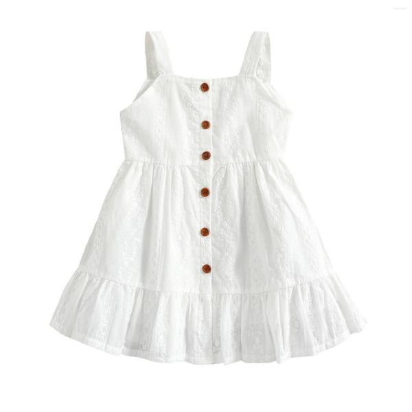 Robes de fille petits enfants bébé filles été fronde plaine broderie boutonné à volants ourlet robe genou longueur robe décontractée 2-7T