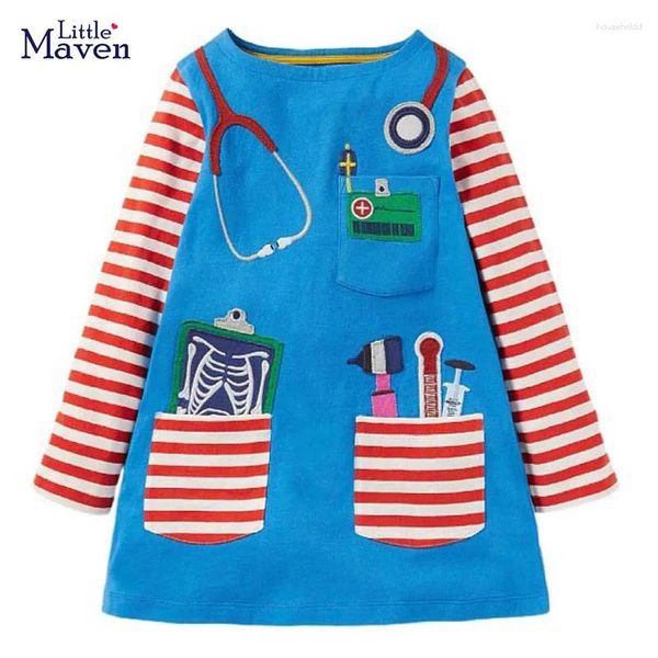 Vestidos de niña Little Maven 2024, ropa informal azul para niñas, vestido de bolsillo de algodón de otoño, vestidos cómodos encantadores para niños