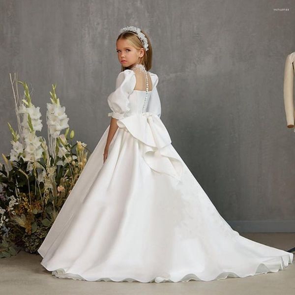 Vestidos de niña pequeña princesa vestido de primera comunión hecho a mano flor de satén blanco puro vestido de fiesta para niños de boda