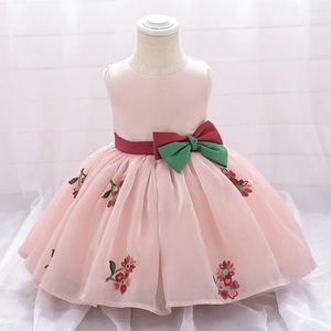 Robe de fille petite princesse rose rose sans manches robe de fleur bébé broderie de bal de bal de balle 1 st robes de fête d'anniversaire