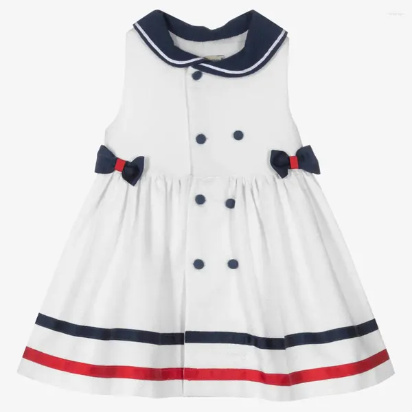 Robes de fille Petit Sailor Collar Bowknot Robe Summer Cotton School Navy White for Girls Baby Toddler Vêtements