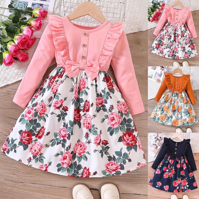 Robes de fille à manches longues robe florale pour les filles en bas âge automne volants nœud papillon fleurs imprimer princesse enfants fête a-ligne cultivée