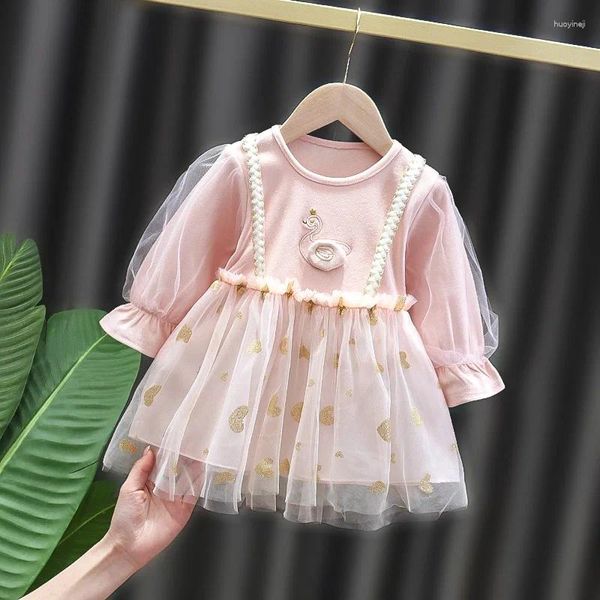 Robes de fille à manches longues filles robe de cygne enfants printemps automne rose maille Tulle princesse fête décontracté