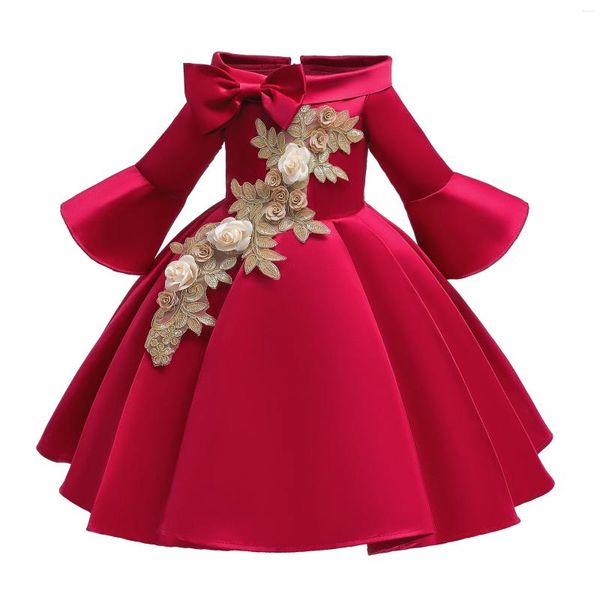 Vestidos de niña de manga larga de satén rojo, disfraz de Halloween para niños, vestido de una pieza con flores, fiesta de cumpleaños para niñas, vestidos de otoño para vacaciones de 2 a 10 años