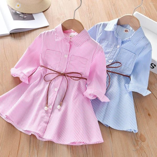 Vestidos de niña de manga larga a rayas Pattery Vestido de niñas Primavera y otoño Camisa para niños Ropa para niños Diseño coreano con botones en oferta 2023