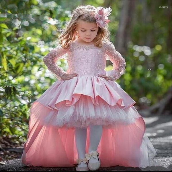 Vestidos de niña de manga larga tren flor bata de boda Mariage niños vestidos de desfile tul con volantes primera comunión