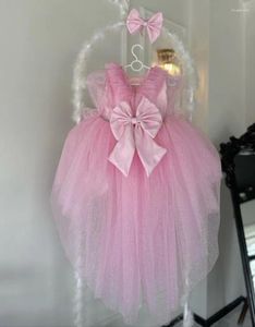 Robes longues à traîne pour filles, en Tulle rose à paillettes, robe de soirée Lolita, vêtements de princesse pour premier anniversaire, avec grand nœud