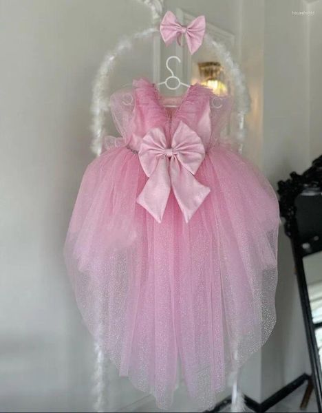 Vestidos de niña de cola larga, tul rosa brillante, vestido de fiesta para niñas pequeñas, vestido de princesa de primer cumpleaños de Lolita, ropa con lazo grande