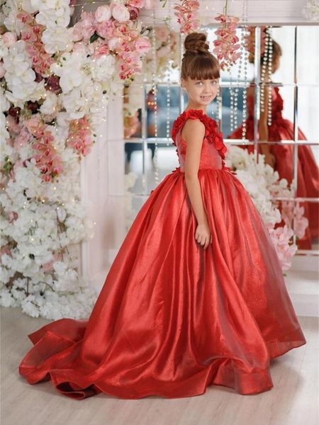 Robes de fille Belle bébé fleur filles pour les mariages avec arc perlé 3D-Applique Tulle Princesse Fête Robes d'anniversaire Manches longues Page
