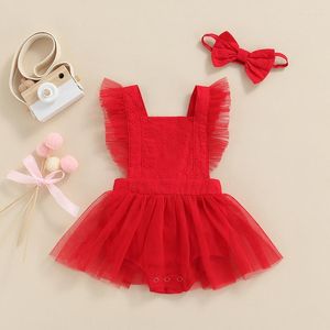 Meisjesjurken Lovely Baby Girls Summer Rompers Kleed Red Square Kraag kant Backless Jumpsuits Tule Headband Sunsuits Outfits