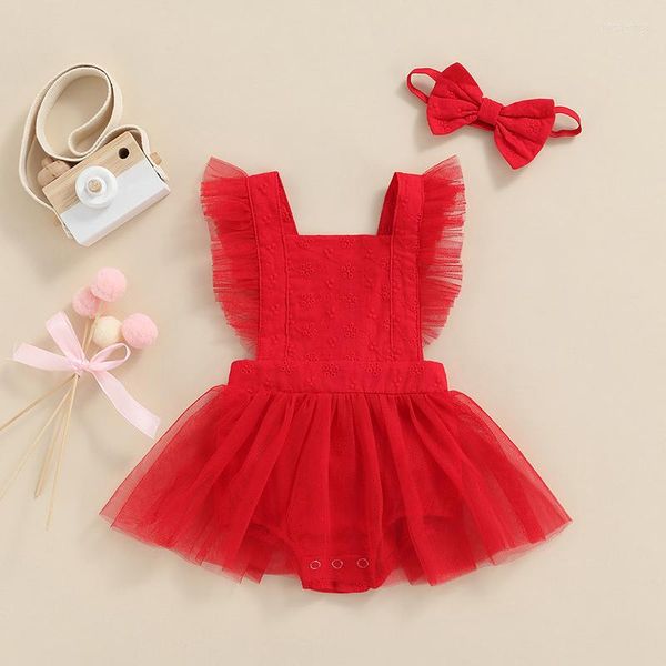 Robes De Fille Belles Bébés Filles D'été Barboteuses Robe Rouge Col Carré Dentelle Fleur Dos Nu Combinaisons Tulle Bandeau Sunsuits Tenues