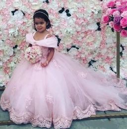 Vestidos de niña Precioso rubor Rosa Flor Niñas para boda Mangas fruncidas Apliques de encaje Vestido de fiesta de cumpleaños