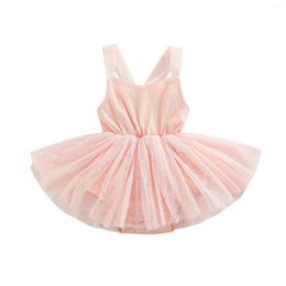 Meisjesjurken Mooi geboren baby bodysuit jurk mouwloze vierkante nek mesh tule tutu zomer terug grote boog 0-24 maanden