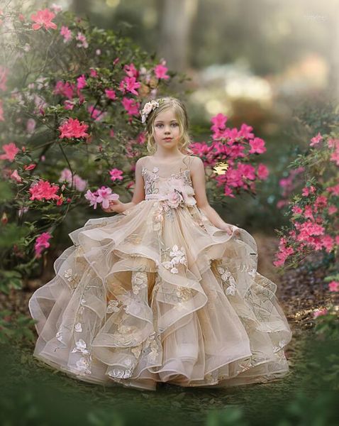 Robes de fille belle Champagne fleur filles 2022 pure Tulle robe de bal Pageant enfants robe de soirée formelle avec ceinture rose ceinture