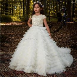 Meisjesjurken Lovely Flower 2023 Fluffy Tule Pageant Birthday Party Applique Princess Gown Robe de Noel Enfant Fill Custom