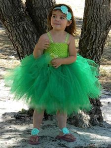 Vestidos de niña Lovely Girls Green Crochet Flower Tutu Dress Kids Fluffy 2Layer Tulle Ballet Tutus con cinta Bow Headband Children Party