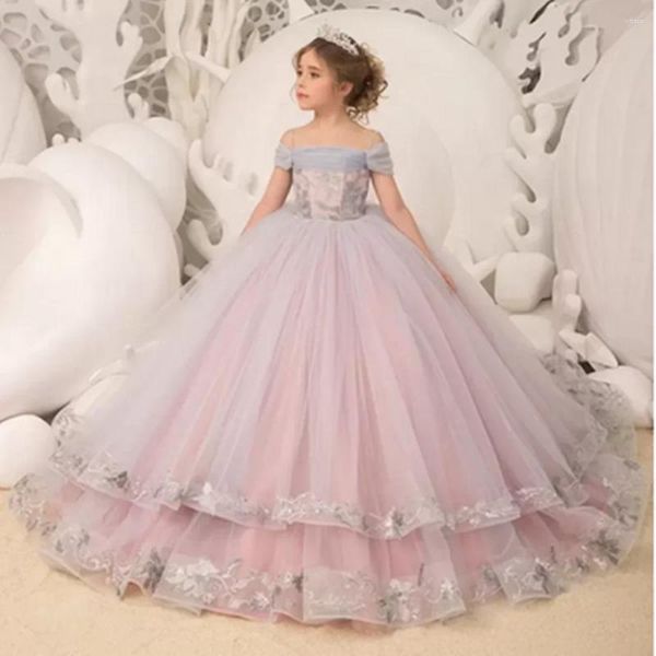 Vestidos de niña encantadores con hombros descubiertos, flores para boda, apliques de volantes, vestido de desfile para niñas pequeñas, ropa Formal para niños, graduación