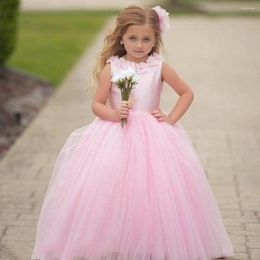 Meisjesjurken Lovely Pink 3d Flower Girls Sheer Neck S Pearls Ball Gown Tiers Tule Lilttle Kids Birthday Pageant Wedding Wears