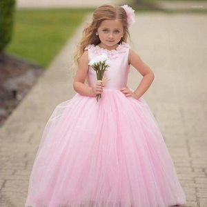 Meisjesjurken Lovely Pink 3d Flower Girls Sheer Neck S Pearls Ball Gown Tiers Tule Lilttle Kids Birthday Pageant Wedding Wears