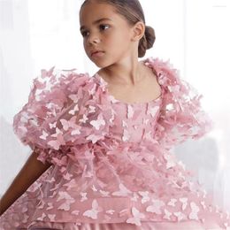 Robes de fille belle rose manches bouffantes robe de fleur pour le mariage 3D papillon appliques dos nu fête d'anniversaire première robe de communion