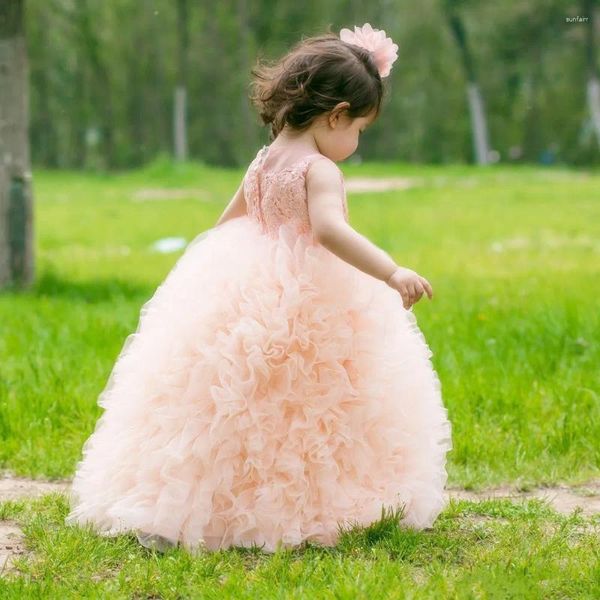 Robes de fille belle sans manches col rond Tulle moelleux imprimé ondulé princesse robe à fleurs fête de mariage bal première Communion