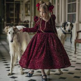 Meisje jurken luxueuze lange mouwen met lange mouwen optochtjurk voor kind a-line thee-lengte bloem vintage bordeaux