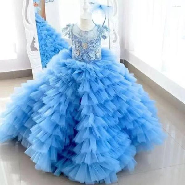 Robes de fille de luxe bleu robe de première Communion couches Tulle Organza Applique princesse personnaliser fleur robe de fête de mariage