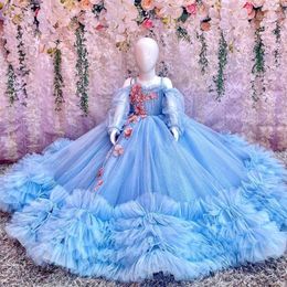 Meisje jurken luxe bloemjurk lange mouwen v nek van het schouderglitter meisje's jurk 3D kristallen bol formeel kind