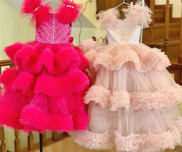 Robes de fille de luxe robe à fleurs bouffante à plusieurs niveaux Tulle nuage perles longue robe de concours enfants anniversaire pour princesse 1-14 ans