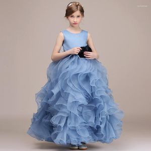 Fille Robes De Luxe Formelle Fête D'anniversaire Robe Pour Enfants Bleu Volants Organza Princesse Robes Fleur De Mariage