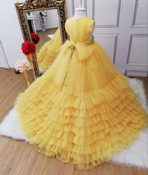 Vestidos de niña, vestido de lujo para fiesta de graduación, capas amarillas, vestido de princesa de tul con flores, desfile, Navidad, primera comunión, 1-16T