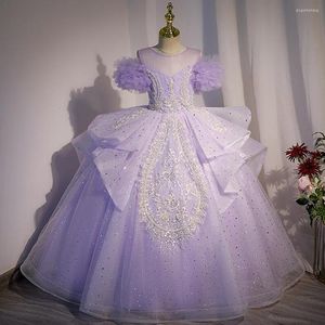 Robes de fille de luxe enfants filles paillettes violet Tulle robe de princesse fleur plissée sur l'épaule Performance balle de bal Bown