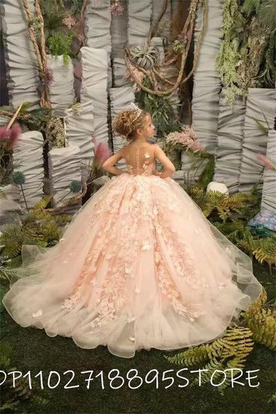 Robes De fille De luxe rose a-ligne fleur pour enfant robe De fête d'anniversaire Illusion Appliques papillons princesse robes De Novia 2023