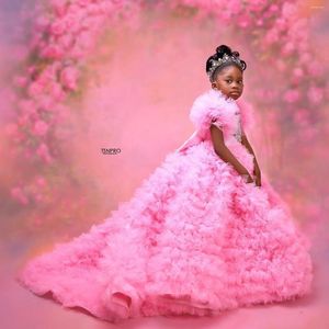 Fille Robes De Luxe Rose Fleur Filles Pour Le Mariage Volants Tulle Pageant Robe Enfants Fête De Bal D'anniversaire Robes De Bal Poshoot