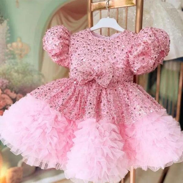 Vestidos de niña de lujo con lentejuelas rosas, vestido de fiesta de cumpleaños para bebés, desfile de niñas pequeñas, 1er tutú, manga corta abombada de tul