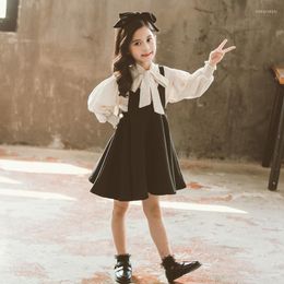 Robes de fille Ensembles de robe de princesse de luxe pour filles Boutique Chemisier à nœud kaki et gilet noir Design 4 à 14 ans Vêtements formels pour enfants