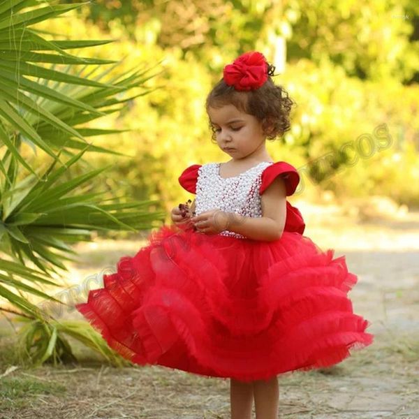 Robes de fille de luxe rouge perles gonflées robe de fleur enfant en bas âge anniversaire fête de mariage sur mesure défilé de mode première Communion