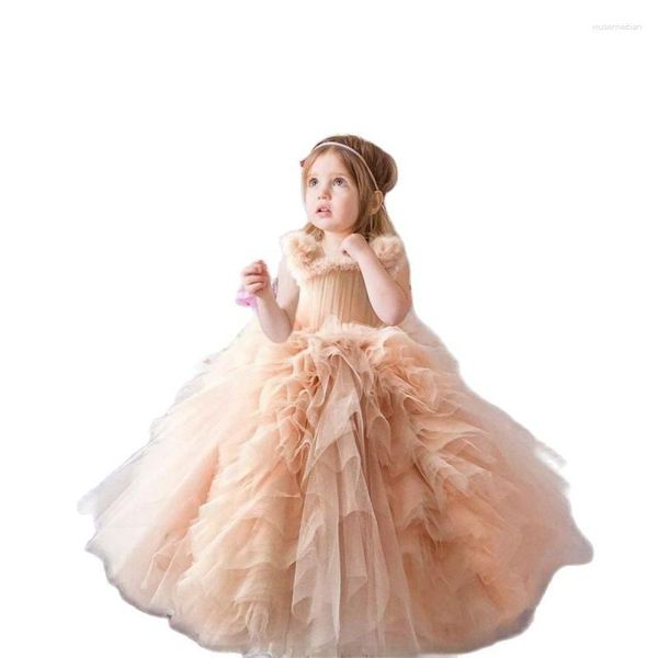 Robes de fille de luxe en tulle à volants et à fleurs bouffantes pour mariage, sans manches, princesse, fête d'anniversaire, cadeau de première communion pour tout-petits