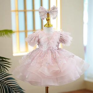 Robes de fille de luxe plumes brillantes enfants tenue fleur filles moelleux pour les mariages adolescents fête d'anniversaire correspondant robes de bal