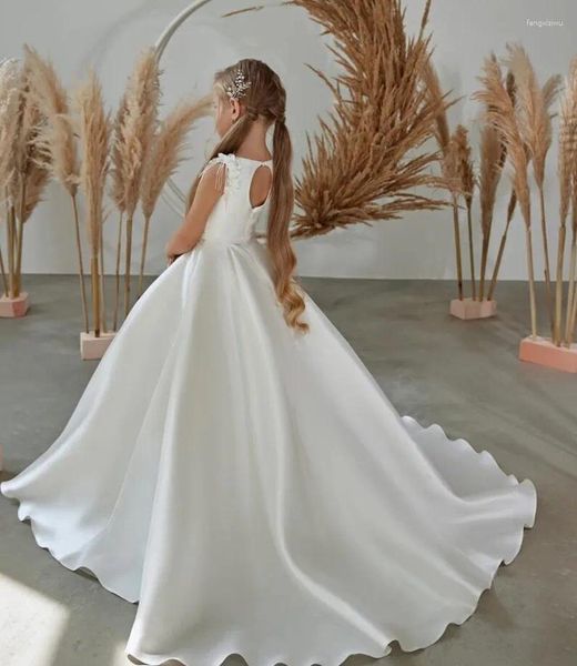 Vestidos de niña, vestido de flores de satén blanco de lujo para boda, 2-14 años, fiesta de graduación para chicas adolescentes, vestido largo para desfile, primera comunión