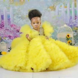 Robes de fille de luxe en Tulle à fleurs jaunes, à volants et perles, robe de princesse pour fête de premier anniversaire, pour mariage