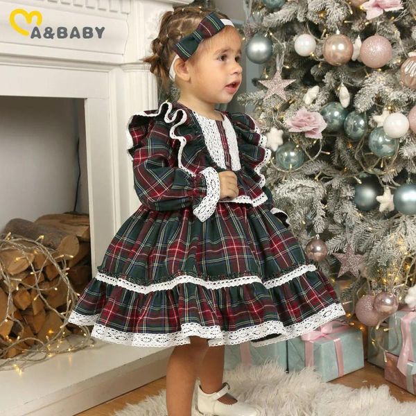 Robes de fille MaBaby 1-7Y noël filles robe rouge enfant en bas âge Plaid Bow Tulle Tutu fête enfants année Costumes de noël D01