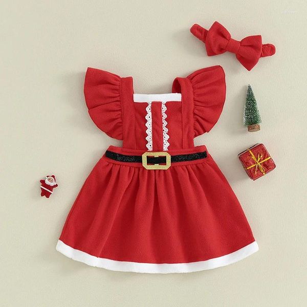 Vestidos de niña Mababy 6M-4Y Navidad niño pequeño bebé niñas vestido rojo cinturón con volantes Santa fiesta diadema disfraces de Navidad D05