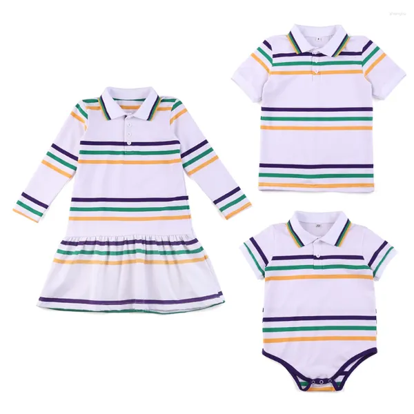 Robes de fille Mardi Gras coton blanc rayé Toddle bébé garçons barboteuse ensemble col polo frère enfants filles robe de mode à manches longues