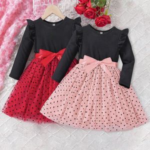 Meisjesjurken mesh voor lente peuter kinderen meisjes meisjes lange mouw golfpunt afdrukken ruches bowknot pailletten kleding vestido